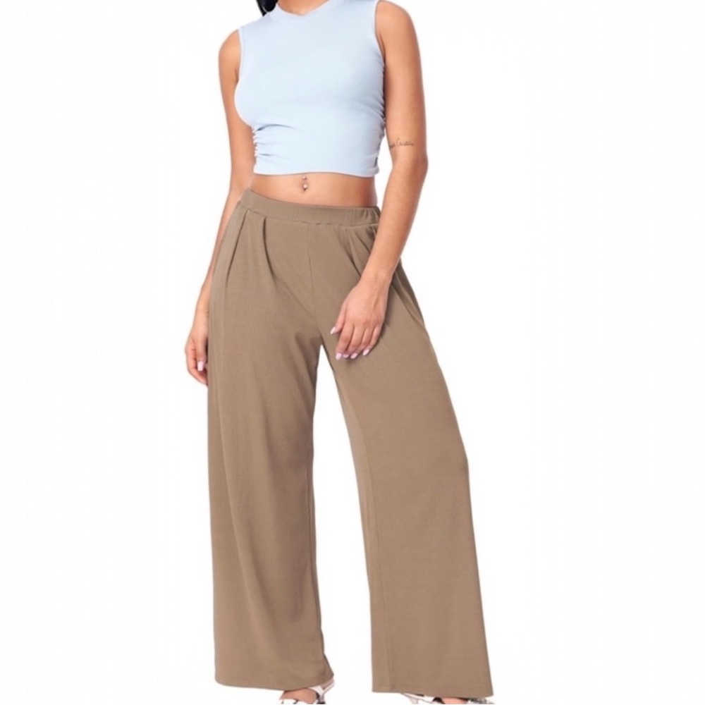 UEU Women's Stylish Brown Tan Wide-Leg Pants